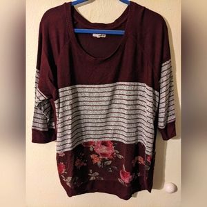 EUC Women's 3/4 sleeve shirt Maurices Size XL Maroon, Striped Gray, Red Floral